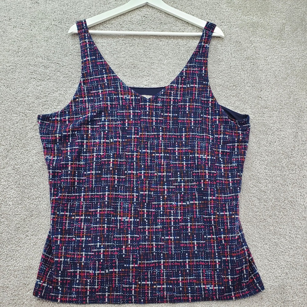 Chicos 4 Tank Top Women 2XL Navy Geometric Glitch Mesh Stretch V Neck Lined